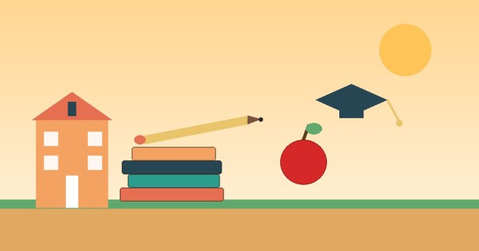 Ilustrație grafică cu ghiozdan, cărți, măr și toca de absolvire, simbol pentru începutul anului școlar 2026-2027 în România