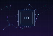 Ilustrație abstractă cu un cip de procesor și o rețea neuronală, simbolizând supercomputerul RO AI Factory pentru inteligență artificială