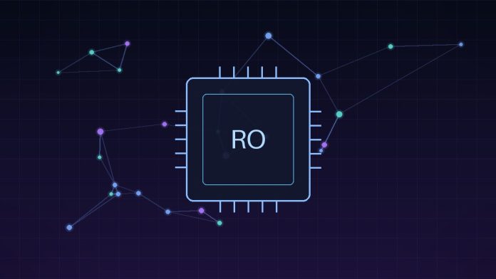Ilustrație abstractă cu un cip de procesor și o rețea neuronală, simbolizând supercomputerul RO AI Factory pentru inteligență artificială