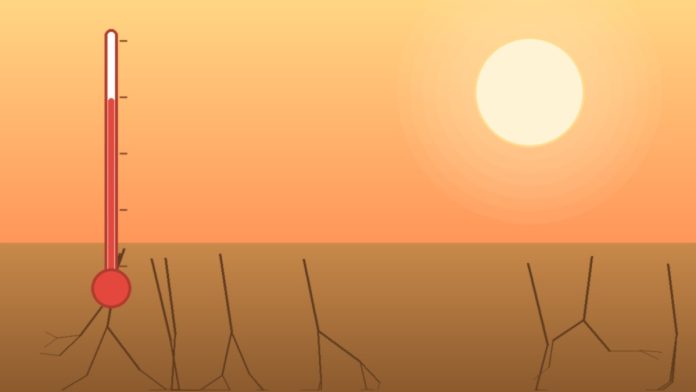 Ilustrație cu termometru și sol crăpat de secetă, simbolizând vremea caldă din septembrie 2026 în România