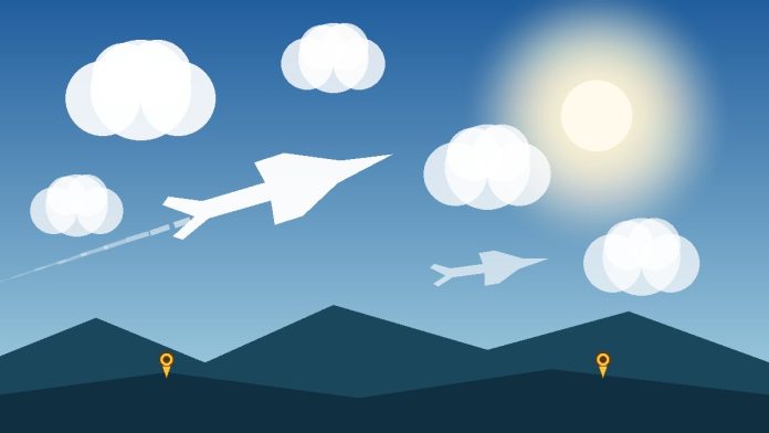 Ilustrație generică: avion pe cer senin deasupra unor destinații turistice, simbol al turismului în România
